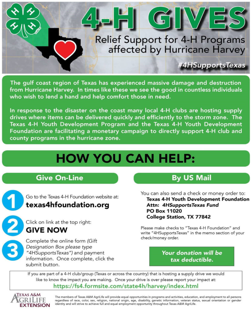 4-H Gives Relief Support for 4-H Programs affected by Hurricane Harvey #4HSupportsTexas The gulf coast region of Texas has experienced massive damage and destruction from Hurrican Harvey. In times like these we see the good in countless individuals who wish to lend a hand and help comfort those in need. In response to the disaster on the coast many local 4-H clubs are hosting supply drives where items can be delivered quickly and efficiently to the storm zone. The Texas 4-H Youth Development Progam and the Texas 4-H Youth Development Foundation are facilitating a monetary campaign to directly support 4-H club and county programs in the hurricane zone. How You Can Help: Give On-Line: 1. Go to the Texas 4-H Foundation website at: texas4hfoundation.org 2. Click on link at the top right “Give Now” 3. Complete the online form (Gift Designation Box please type “4HSupportsTexas”) and payment information. Once complete, click the submit button. By US Mail: You can also send a check or money order to: Texas 4-H Youth Development Foundation ATTN: 4HSupportsTexas Fund PO Box 11020 College Station, TX 77842 Please make checks to “Texas 4-H Foundation” and write “4HSupportsTexas” in the memo section of you check/money order. Your donation will be tax deductible. If you are part of a 4-H club/group (Texas or across the country) that is hosting a supply drive we would like to know the impact you are making. Once your drive is over please report your impact at: https://fs4.formsite.com/state4h/harvey/index.html Texas A&M Agrilife Extension The members of Texas A&M AgriLife will provide equal opportunities in programs and activities, education, and employment to all persons regardless of race, color, sex, religion, national origin, age, disability, genetic information, veteran status, sexual orientation or gender identity and will strive to achieve full and equal employment opportunity throughout Texas A&M AgriLife.