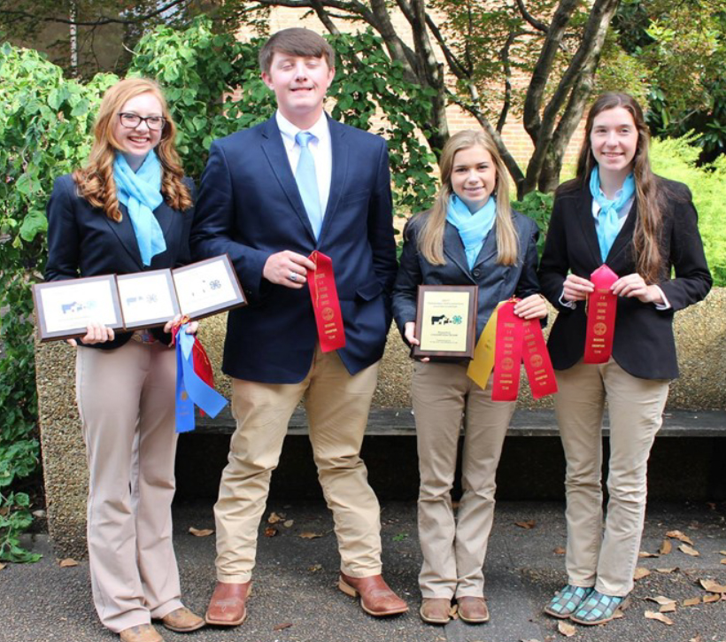 State 4-H Livestock Judging Competition - Lincoln County team consisting of Kendall Martin, Nathan Simmons, Olivia Hughes, and Juliann Fears