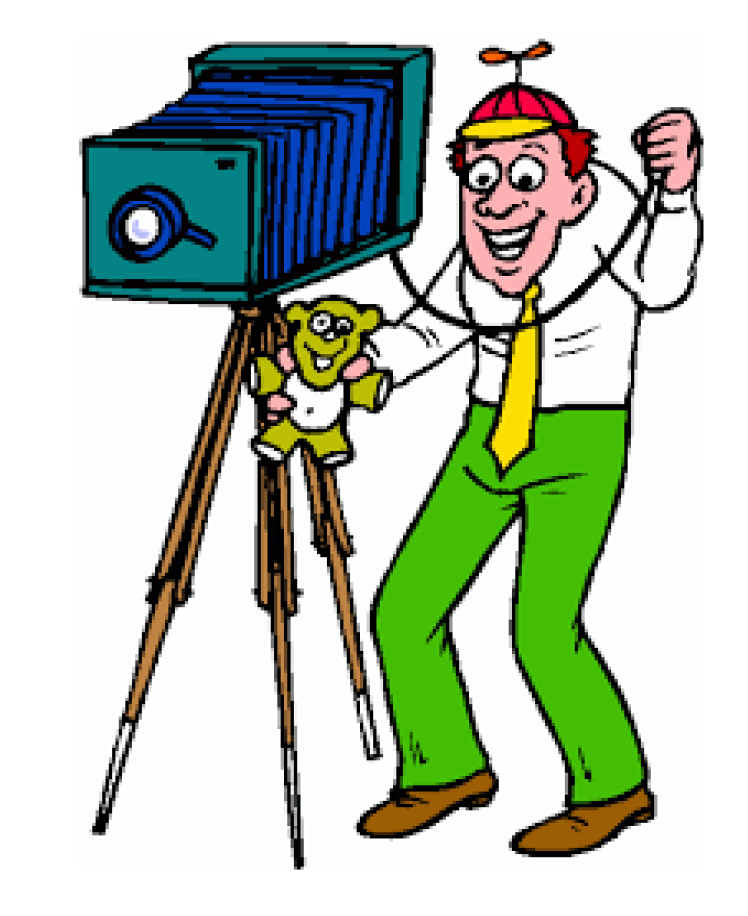 Caricature of man shooting picture with old time camera