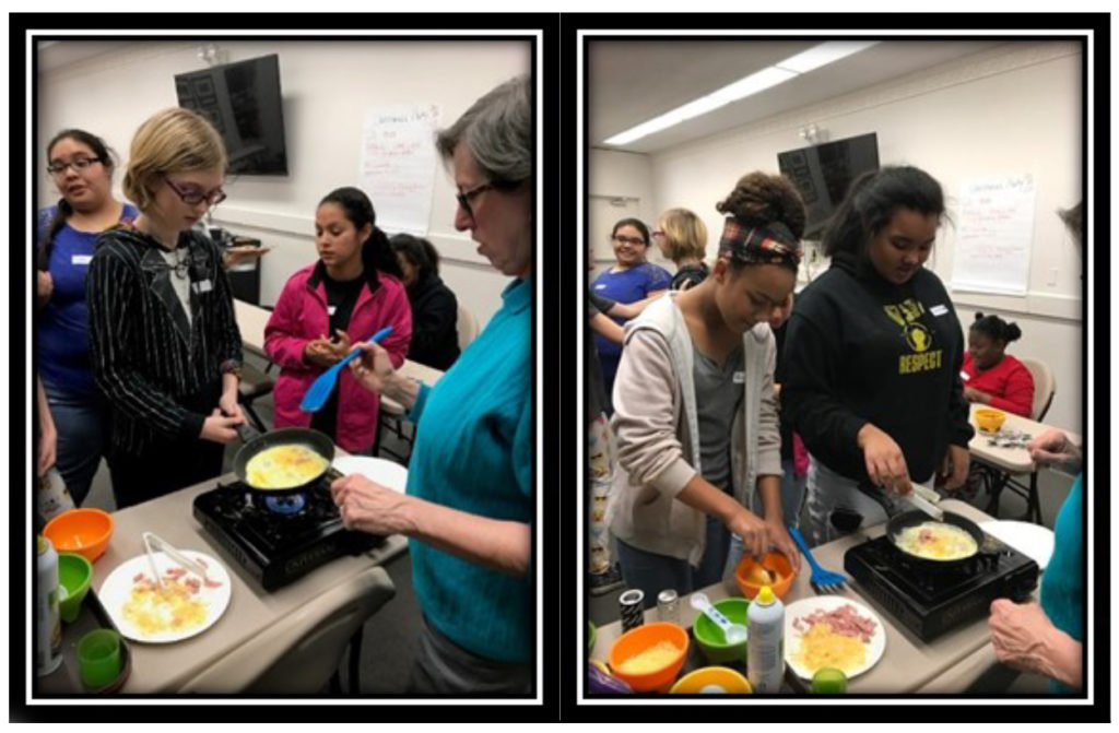 Current Grant Projects: Robertson County [Walmart Youth Choice: Youth Voice] - FCS Agent, Judy Kovach, teaching youth how to make omelets. (left) SmartChefs making omelets. (Right)