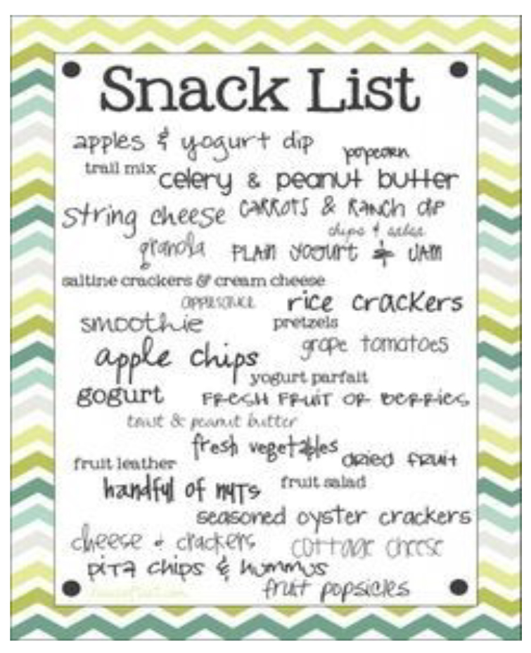 Current Grant Projects: Cannon County [Walmart Youth Choice: Youth Voice]  - Snack List - apples & yogurt dip, popcorn, trail mix, celery & peanut butter, string cheese, carrots & ranch dip, chips & salsa, granola, plain yogurt & jam, saltine crackers & cream cheese, applesauce, rice crackers, smoothie, pretzels, apple chips, grape tomatoes, yogurt parfait, gogurt, frest fruit or berries, taut & peanut butter, fresh vegetables, fruit leather, handful of nuts, fruit salad, dried fruit, seasoned oyster crackers, cheese & crackers, cottage cheese, pita chips & hummus, fruit popsicles