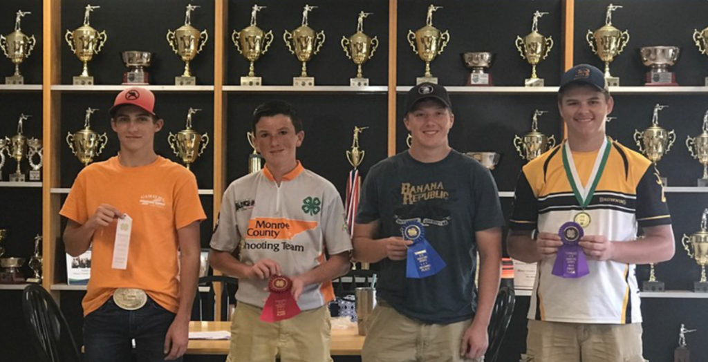 State 4-H Shooting Sports Invitational Winners - Shotgun Winners - (L to R): Justin Spaid (4th), Perry County; Cole Prince (3rd), Monroe County; Lincoln Dillman (2nd), Knox County; and Caleb Clayton (1st),