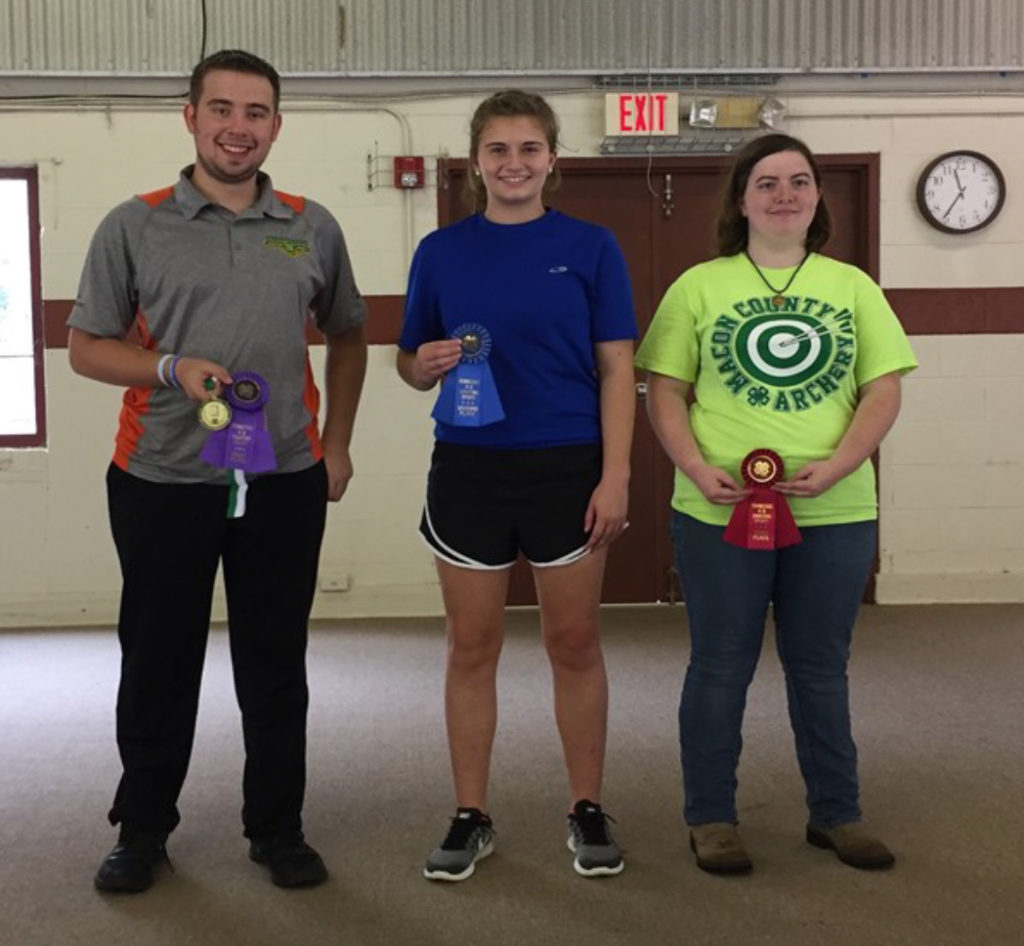 State 4-H Shooting Sports Invitational Winners - Recurve Archery Winners - (L to R): Ian Terrell (1st), Williamson County; Mikayle Skillman (2nd), Hamilton County; and Amber Naramore (3rd); Macon County