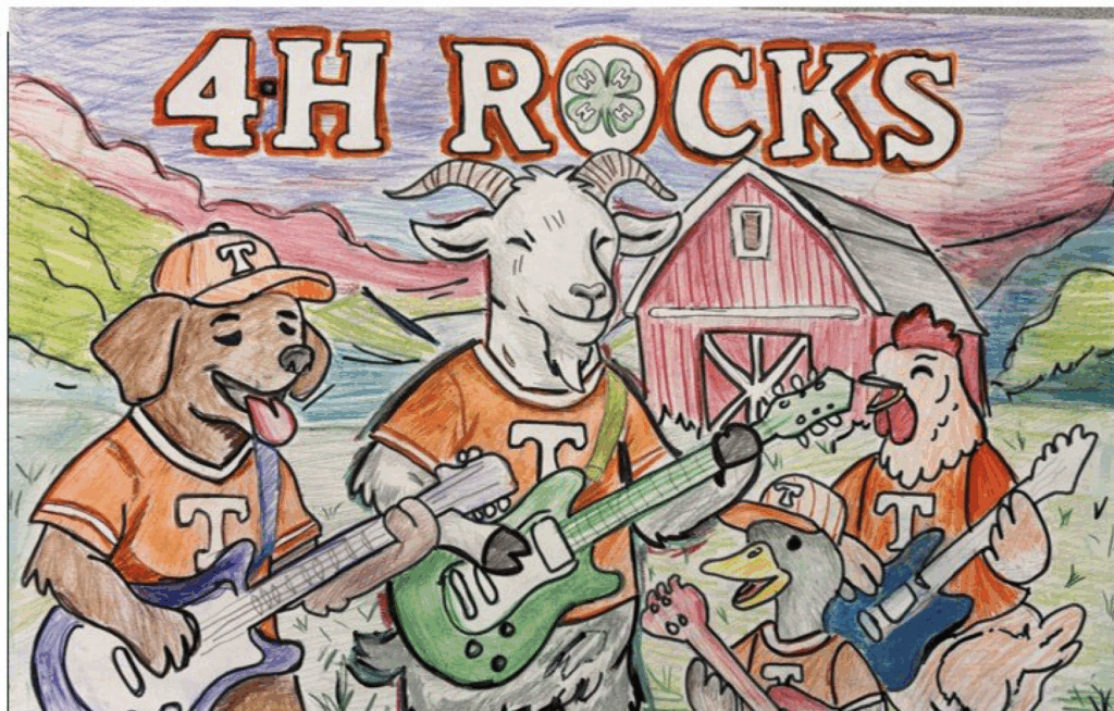 Mason Middlebrook - Rhea County, 4-H poster theme "4-H Rocks" with a dog, goat, duck and rooster playing guitars wearing Tennessee Vols jerseys.
