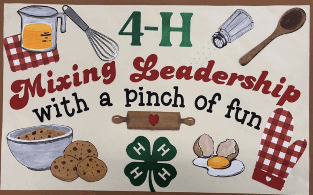 Angel England - Rutherford County, " 4-H Mixing Leadership with a pinch of fun" poster theme with baking utensils.
