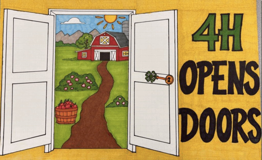 Issac Byrum - Monroe County, "4-H opens doors" poster theme with a door open and a view of a path leading to barn on a farm