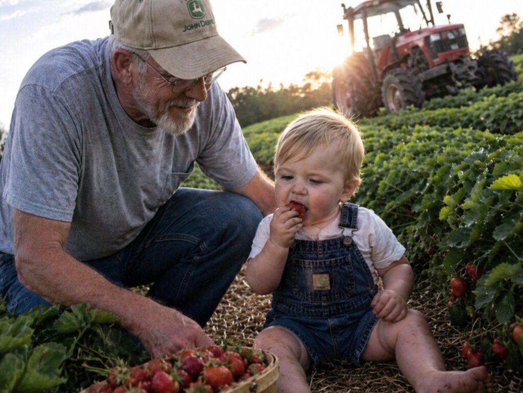 a grandfather and baby eating strawberries in a field