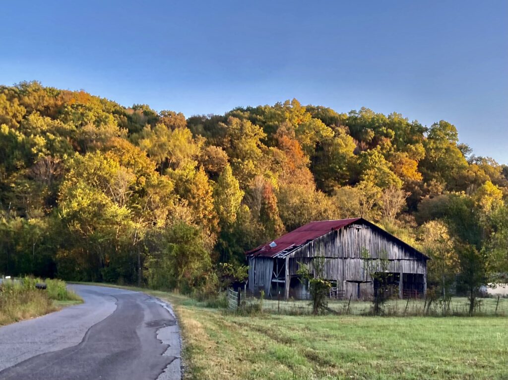 old barn with fall colored trees behind it